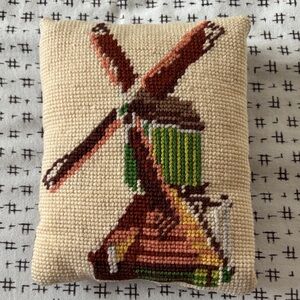 Vintage small needlepoint pillow, windmill, dark brown velvet back, 7x5.5”